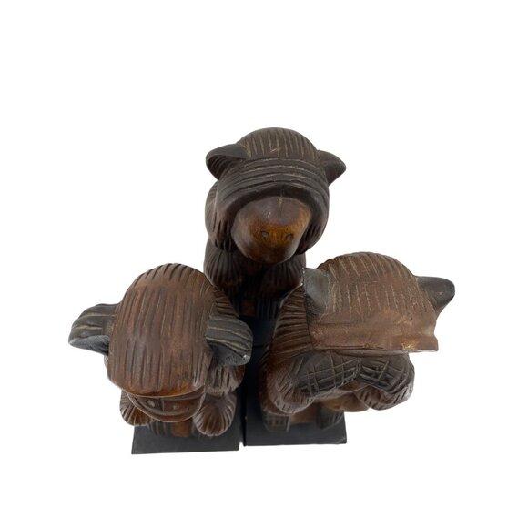HD Wise Monkeys, 11” on Base Carved Wood Hear No Evil See No Evil Speak No Evil - Picture 10 of 12